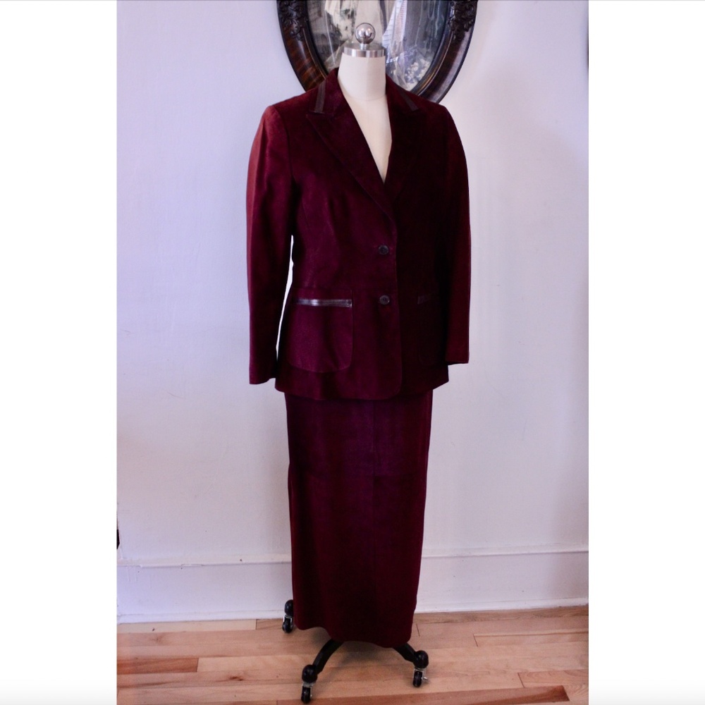 1970's Danier Burgundy Port Suede and Leather Suit Jacket and Maxi Skirt